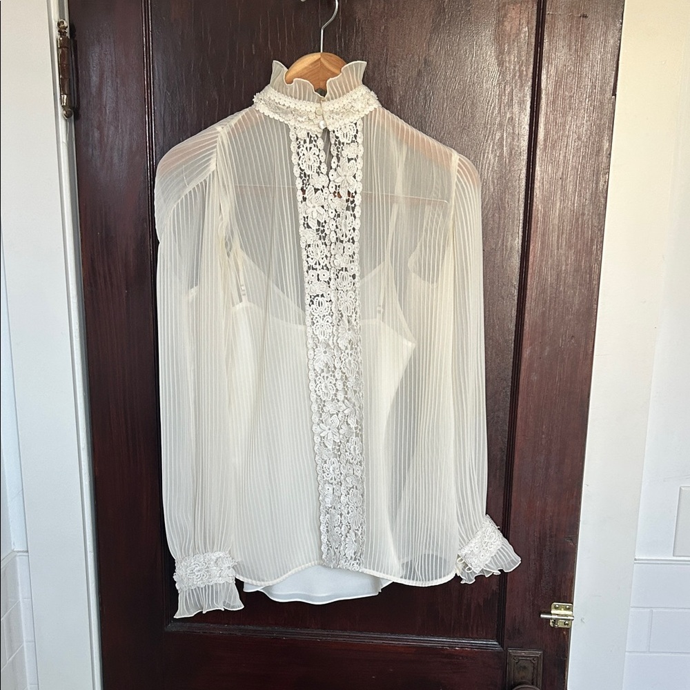 Polo Ralph Lauren Elegant Sheer White Blouse with Lace Detail